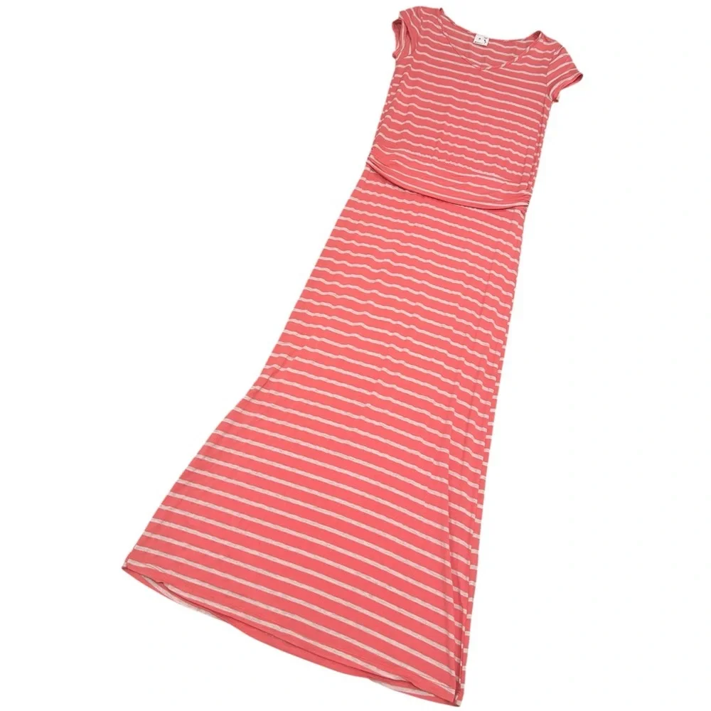 Sady & Lu Coral Striped v neck short sleeve maxi tee Dress ruched waist medium